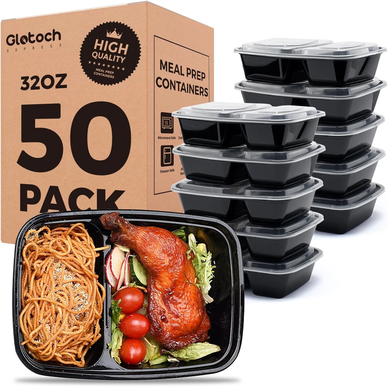 32oz Meal Prep Containers 2‑Compartment 50‑Pack with Lids Microwave Safe