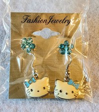 2 Pair Hello Kitty Blue Bow Drop Dangle Earrings  Blue Rhinestone Flowers NIP