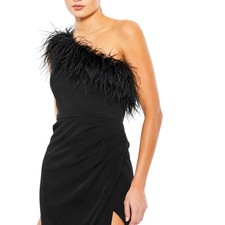 Mac Duggal One Shoulder Black Feather Column Gown High Slit Gala Formal Size 4