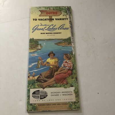 Vintage 1949 Northern Great Lakes Area Guide to Vacation Variety tourism map