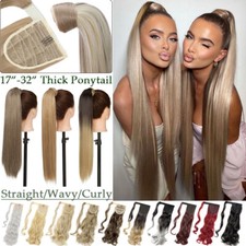 US Real Natural Thick As Human Clip In Ponytail Extension Long Wrap On Pony Tail