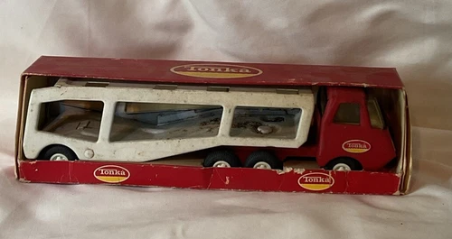 Vintage Tonka Car Hauler Carrier Tractor Trailer Pressed Steel Red & White W/box