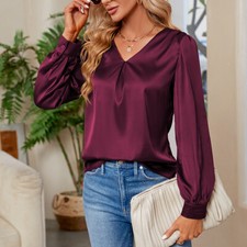 Damen Elegant Bluse Hemd Satin Tunika Oberteile V-Neck Langarm Büro Party Tops