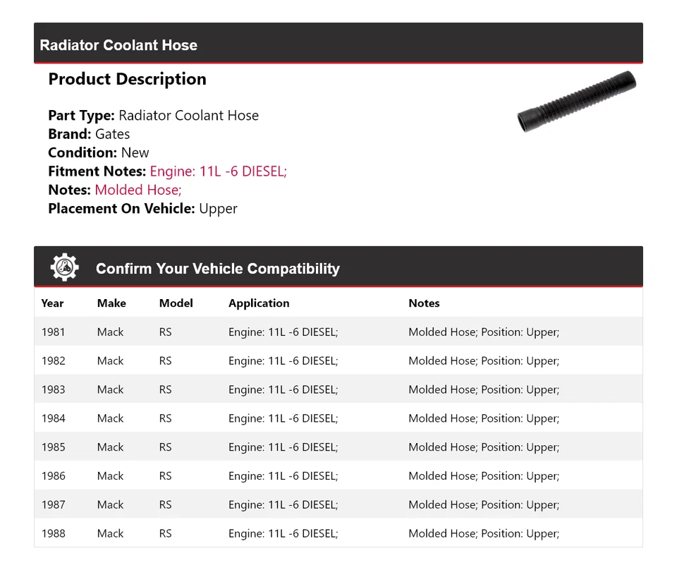 Manguera de refrigerante de radiador diésel Mack RS 11L 1981-1988 puertas superiores 1982 1983 Foto 2 de 4