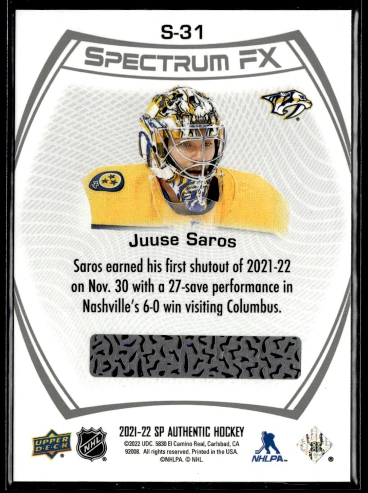 2021-22 Sp Authentic spectrum FX Juuse Saros #S-31 H7R2G - Image 2 of 2