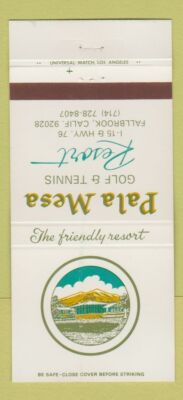 Matchbook Cover - Pala Mesa Golf Tennis Resort Fallbrook CA 30 Strike