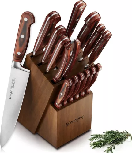 Kitchen Knife Set with Block 15 Pcs Wooden German Stainless Steel Kitchen Knives