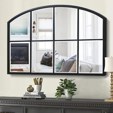 Black Window Mirrors for Wall Decor, Farmhouse Wide Arched Mirror, Wood Frame...