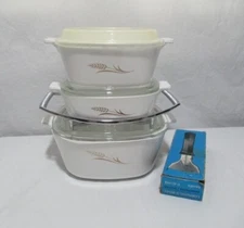 Vintage Corning Ware Wheat casseroles lids handle cradle 8 PIECE SET