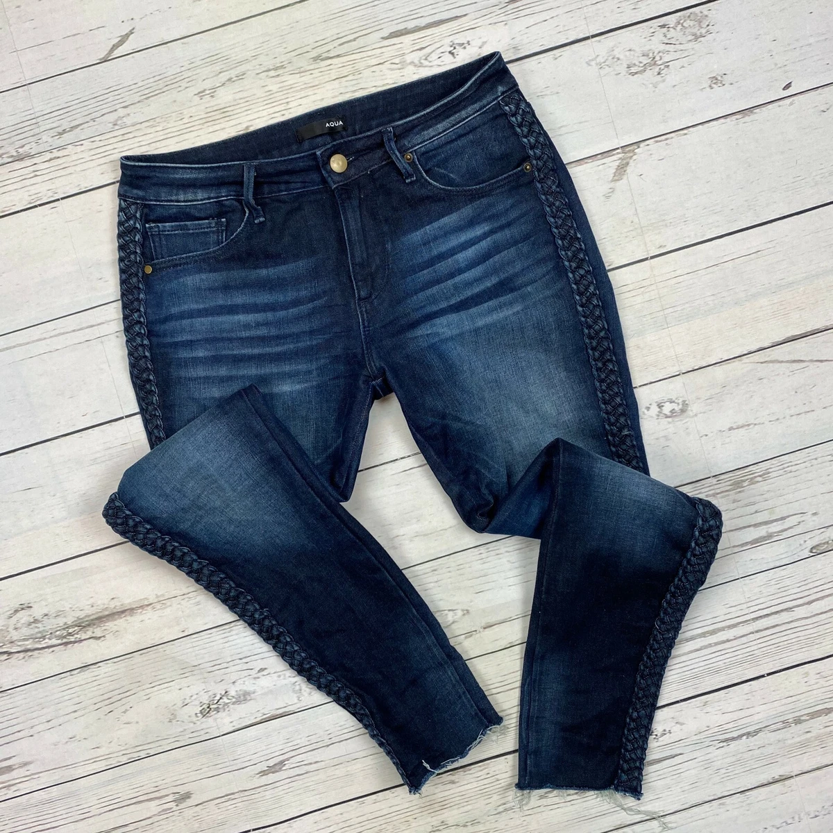 Aqua Skinny Jeans Size 26 Womens Braided Tuxedo Side Trim Dark Wash Raw Hems