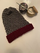 Brand New Crochet Slouch Beanie Gray Maroon
