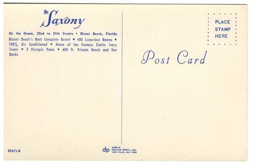 1960s The Saxony Hotel Miami Beach, FL Advertising Postcard #1083 - Picture 2 of 2