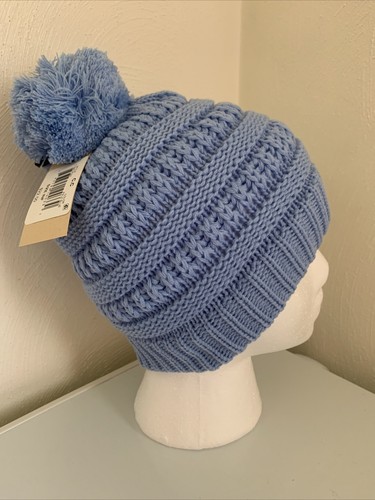 C.C Kids' Babies' Girls Soft Stretch Cable Knit Pom Pom Beanie Hat Pale Blue New - Picture 4 of 6