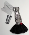 Vintage Barbie Doll Gown Black Silver Shiny Evening Glitter Dress Gloves Handker