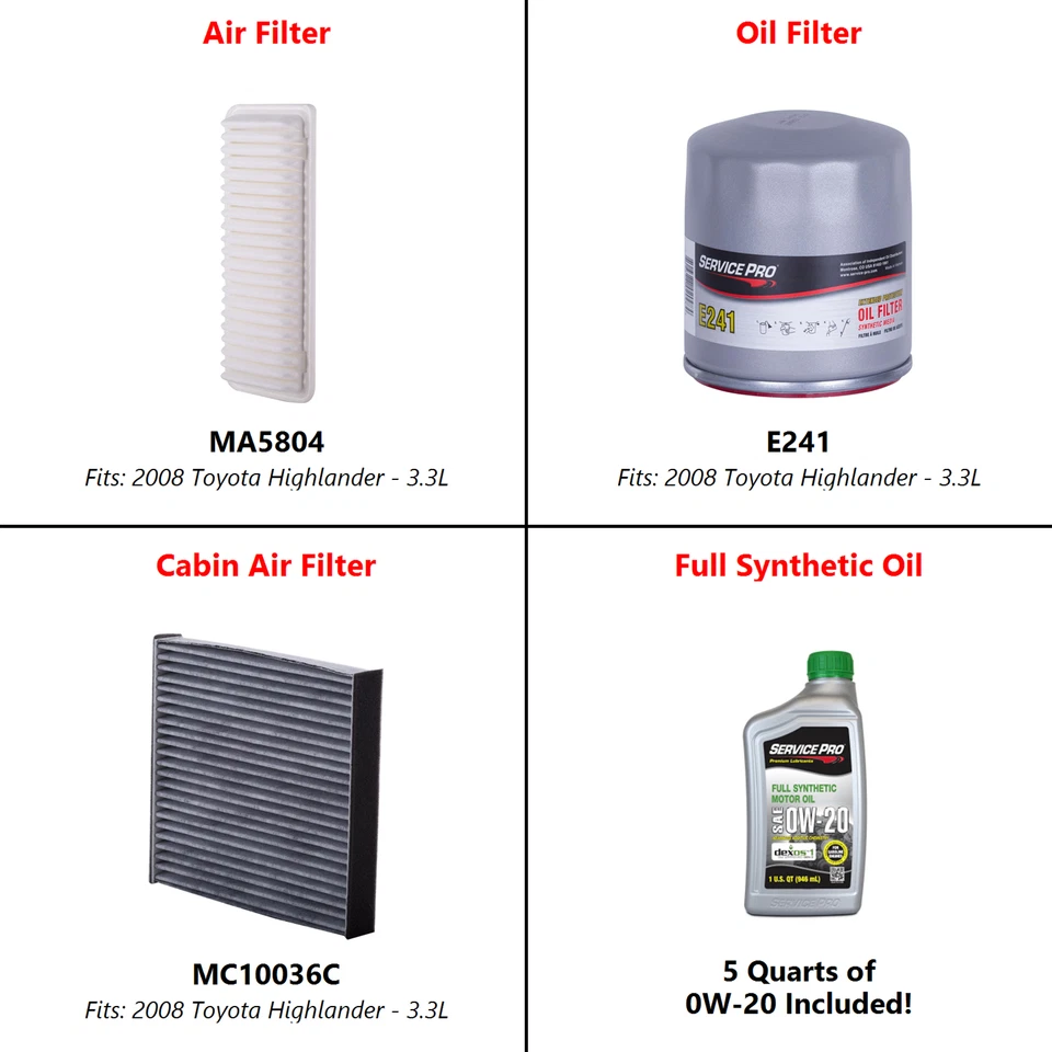 2008 Toyota Highlander 3.3L Complete Air, Oil & Cabin Filter Kit (0W-20) Foto 2 de 4