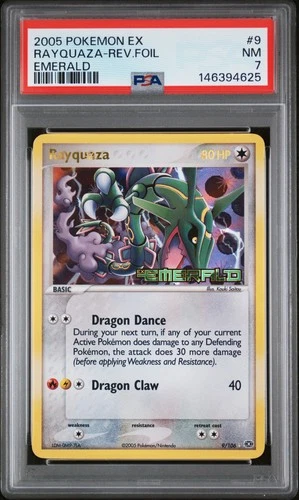 2005 POKEMON EX EMERALD #9 RAYQUAZA-REVERSE FOIL PSA 7