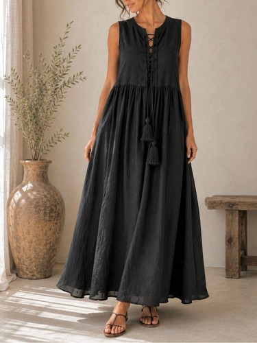 Fil de Vie Althea Gathered Linen Dress Lace Up Maxi Boho Small