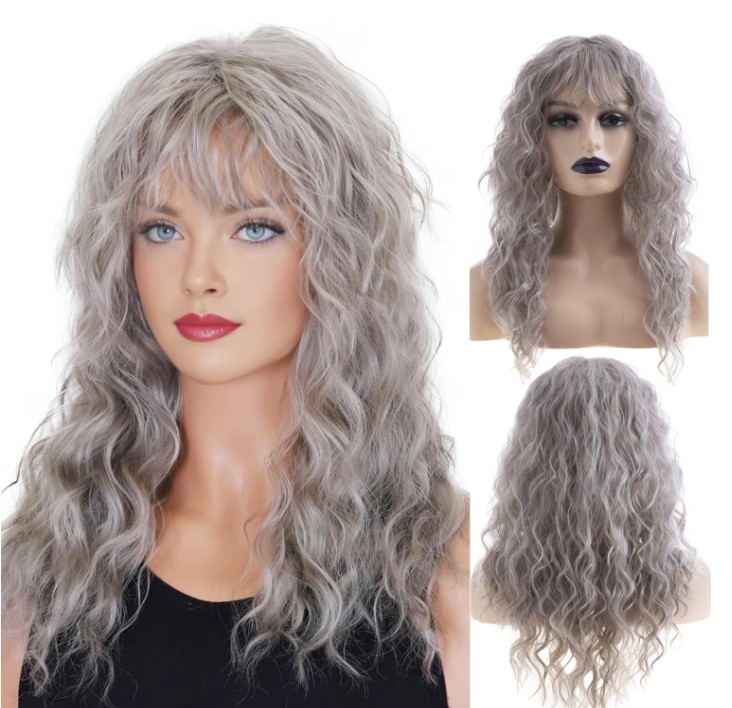 Women Grey Curly Hair Wig Synthetic Heat Resistant Halloween Cosplay Party Wig