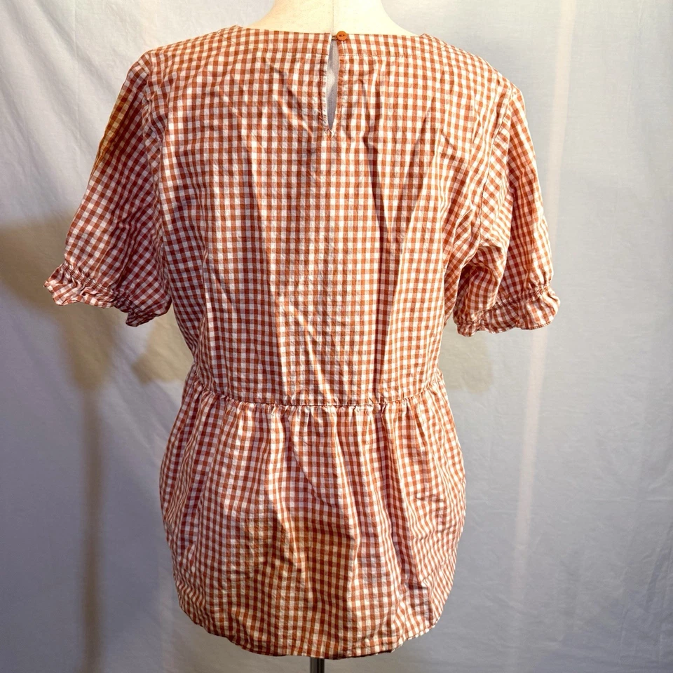Blusa para mujer Downeast roja oxidada a cuadros de guinga manga abullonada peplum XXL Foto 2 de 4