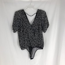 ASTR the Label Bodysuit Womens XL Black Spot Sheer Long Sleeve V-Neck