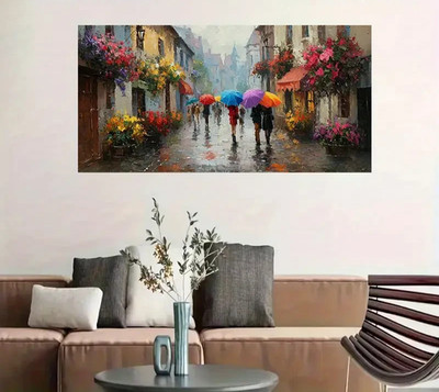 Umbrellas in Rain-Soaked European Unframed Canvas Painting for Living