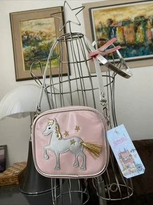 MÄDCHEN UMHÄNGE TASCHE ROSA MIT SILBER & GOLD PFERDCHEN APPLIKATION 110cm GURT - Bild 1 von 4