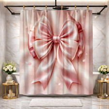 Cute Pink Bow Kids Bathroom Shower Curtain Adorable Polyester Decor