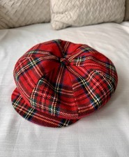 Vintage Unisex 70s/80s Wool Red Plaid Tartan Newsboy Baker Hat Cap, Made In USA