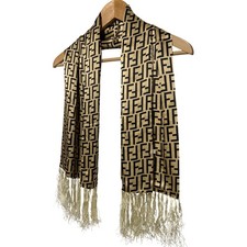 Fendi Zucca Print FF Monogram Silk Scarf Gold Fringe Trim 44" Long 11" Wide EUC