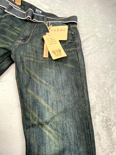 Pantalones de mezclilla Fusai para hombre 36x32 azul oscuro cintura con cinturón cómodos ajustados calce recto - Imagen 3 de 16