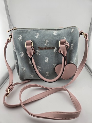 Juicy Couture Gothic Denim Bestseller Fame Satchel Bag Pink Trim Heart Charm EXC