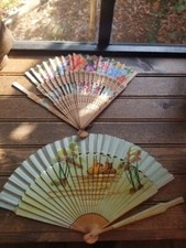 2 Oriental Vintage Hand Painted Chinese Fan Decorative Wall Hanging Art / Repair