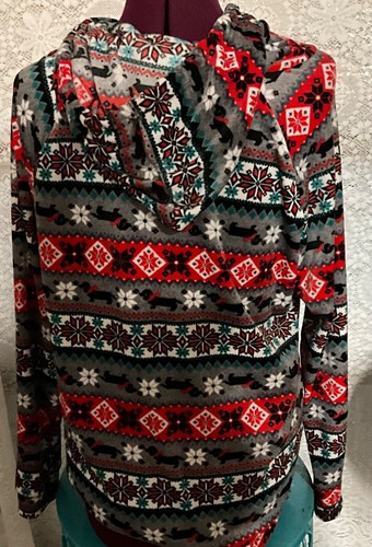 No Boundaries Juniors Size XL(15/17) Gray Red Holiday Dog Print Plush Hoodie - Picture 3 of 5