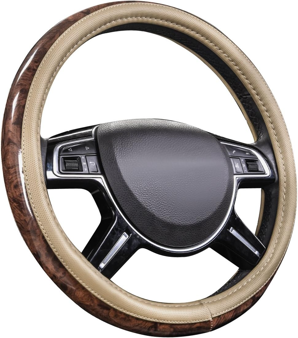 Wood Grain Microfiber Leather Steering Wheel Cover Universal Fit 14.5-15 Inches