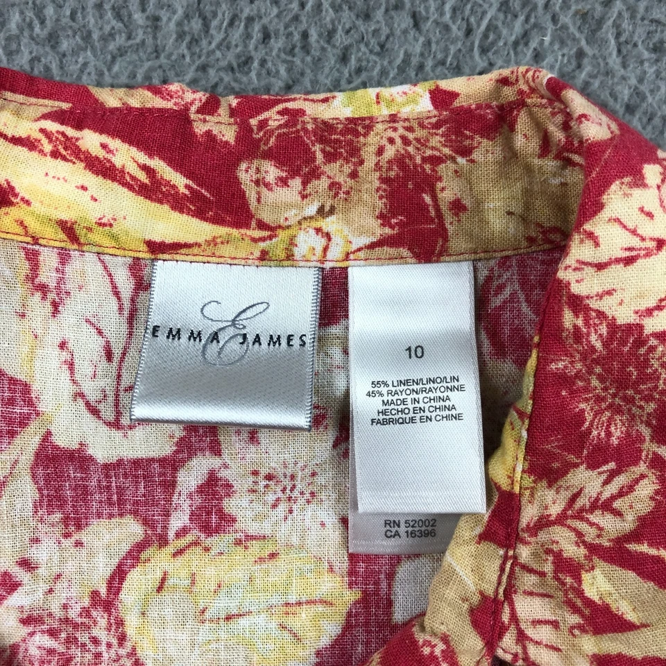 Emma James Womens Linen Blend Top Sz 10 Red Floral Ruffle Button-Up Cap Sleeve - Image 4 of 4