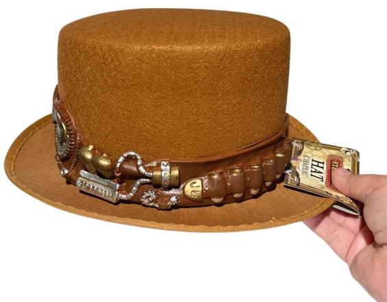 Adulto MARRÓN STEAMPUNK SOMBRERO DE COPA Goma Gadget Banda Punk Bronceado Bala Disfraz Occidental Foto 2 de 4