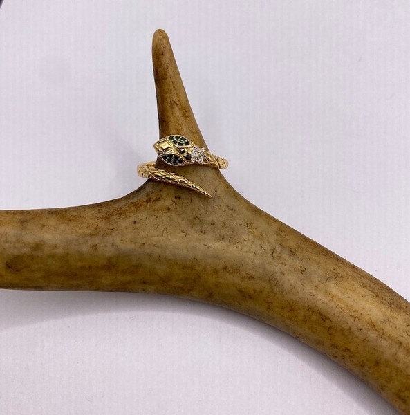 Alternate view of Gold Plated Snake Ring With Emerald Eyes Serpent Statement Jewelry