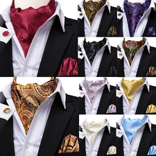 Men's Ascot Cravat Tie Paisley Floral Check Hanky Cufflinks Set Wedding Formal