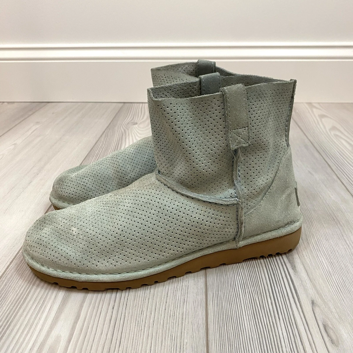 UGG Classic Mini Perforated Suede Boots Womens 9 Mint Green 1016852