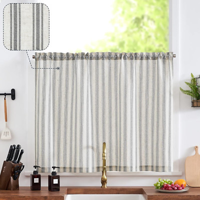 Black on Beige Striped Linen Tier Curtain for Small Windows - 36 Inch Panel
