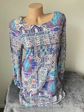Everly Anthropologie T Shirt Dress Women sz L 3/4 Sleeve Boat Lined Aztec Blue