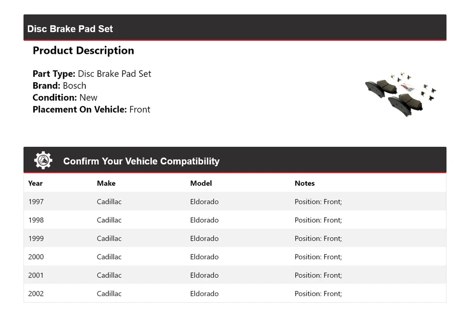 Керамические передние тормозные колодки повышенной прочности для Cadillac Eldorado Bosch 1997-2002 годов выпуска 1998 - Изображение 2 из 4