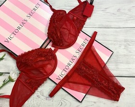 Victoria's Secret LUXE LINGERIE Unlined Demi Bra Brazilian Set Velvet Trim Red 