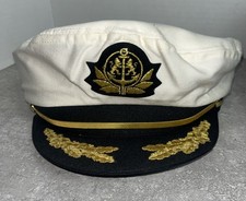 Yacht Captain Mens Hat Cap Snap Back White Black Gold Braid Nautical Logo Crest