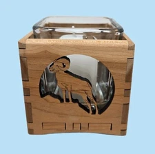 Wood You Tell Me Inc Cherry Wood Ram On Hill Cut-Out Glass Insert Candle Holder 