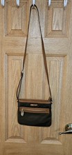 Image of Michael Kors Slim Nylon Crossbody Purse Bag Black Brown Gold