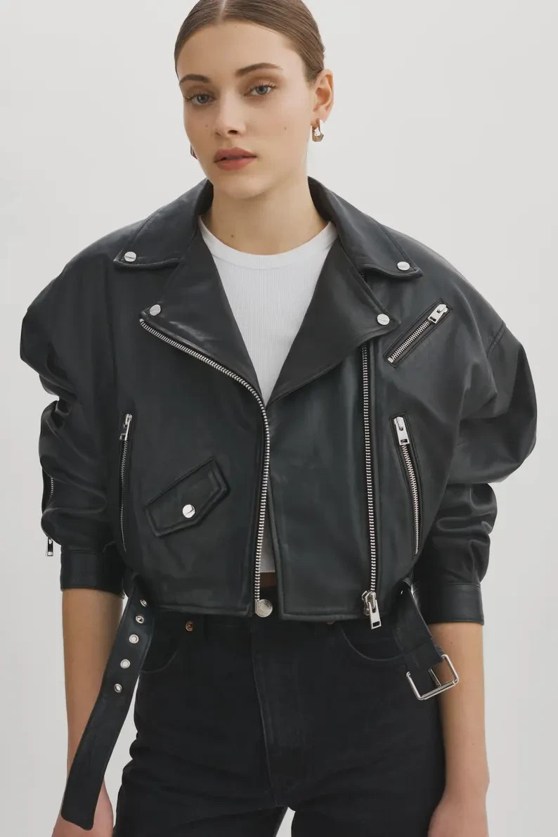 Lamarque Dylan Lamb Leather Biker Jacket  Women’s Oversized Cropped Moto Style