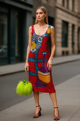 NWT TATA NAKA Art MATISSE SEQUIN Fruit PATCHWORK Cocktail MIDI Sheath Dress Y2K