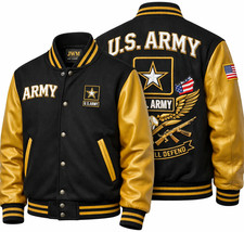 Mens U.S. Army Black & Gold Leather Varsity Jacket Military Bomber Coat USA Flag