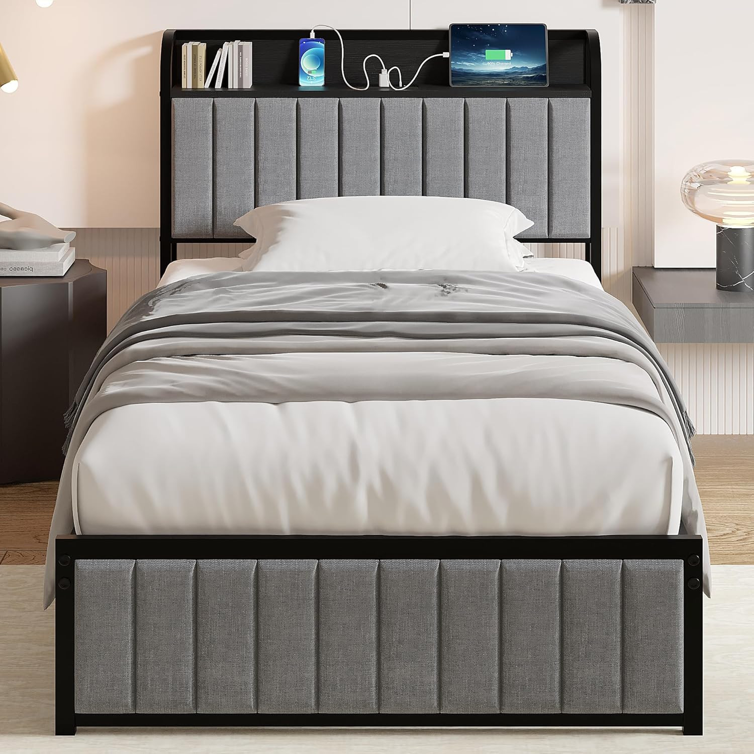 With Storage Headboard & Charging Station - Grey